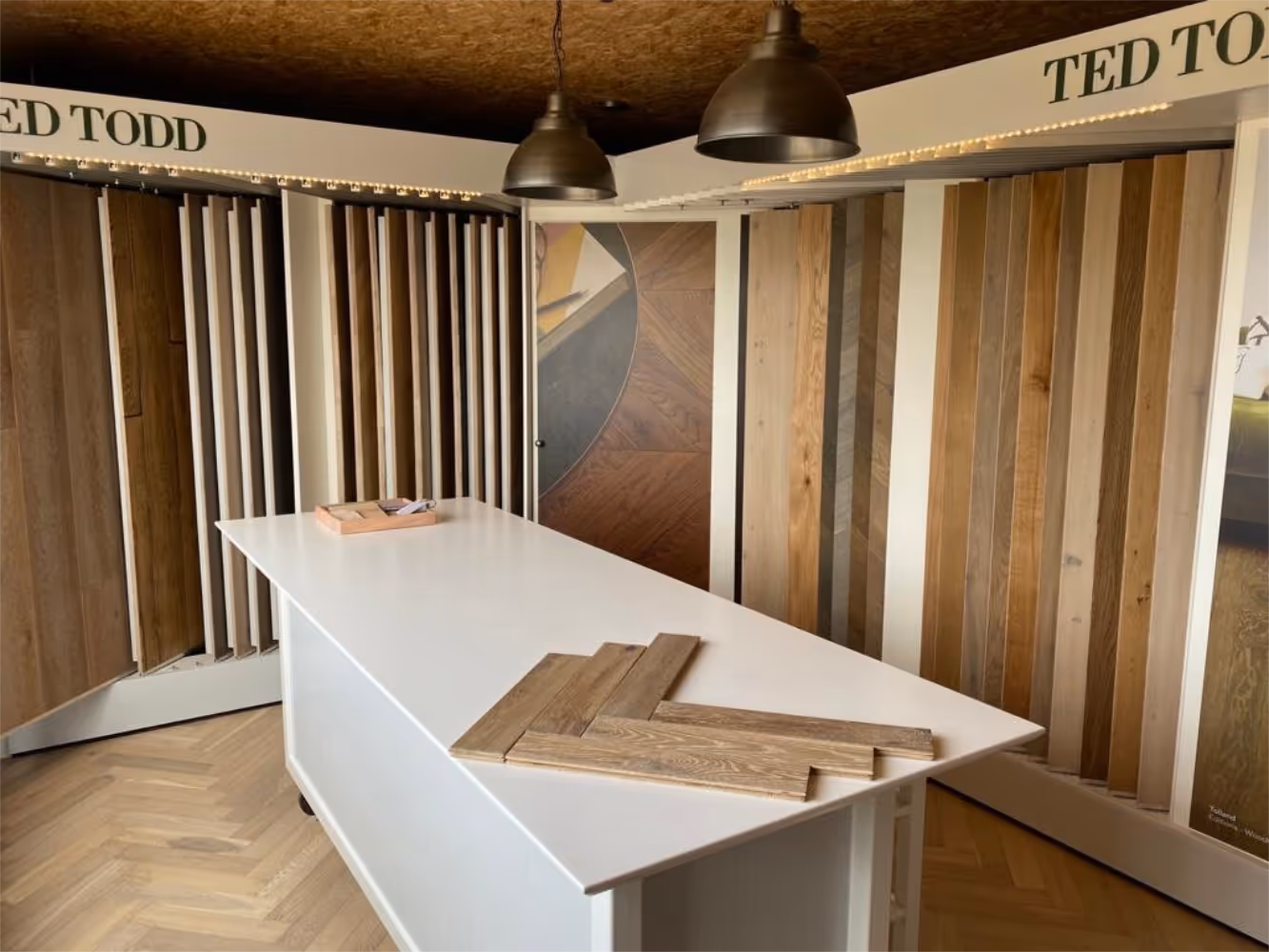 Wooden flooring displays in the Long Lane Carpets and Flooring showroom in Isle of Wight.