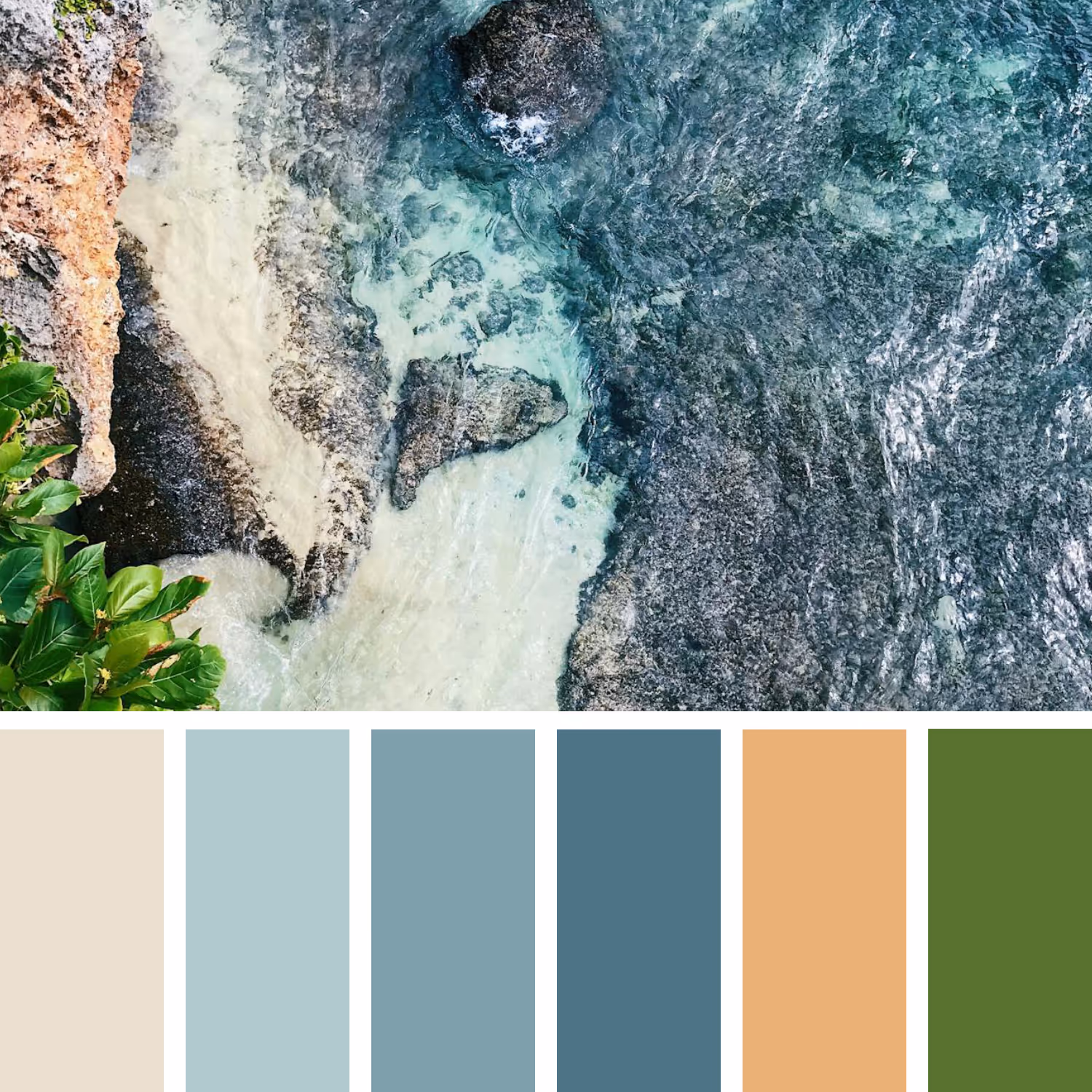 A sample colour palette based on a rocky shore in colours of ocean blue and and sand.