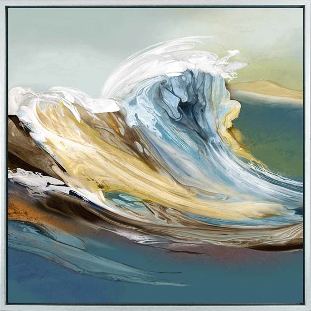 A framed abstract painting of a crashing wave.