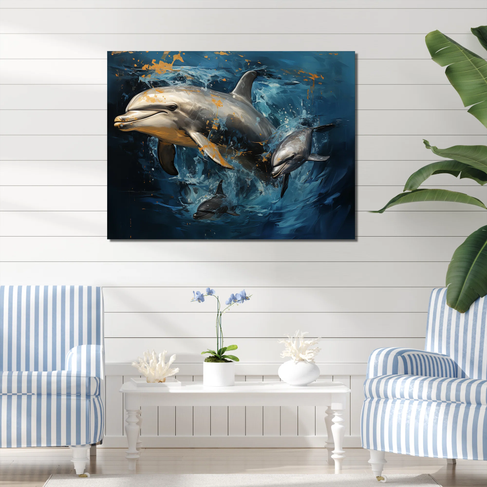 A white room with blue and white stripe armchairs and a large canvas print of a dolphin on the wall.