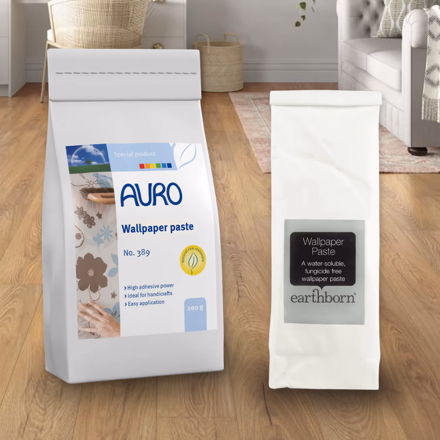 A graphics showing two brands of eco friendly wallpaper paste.