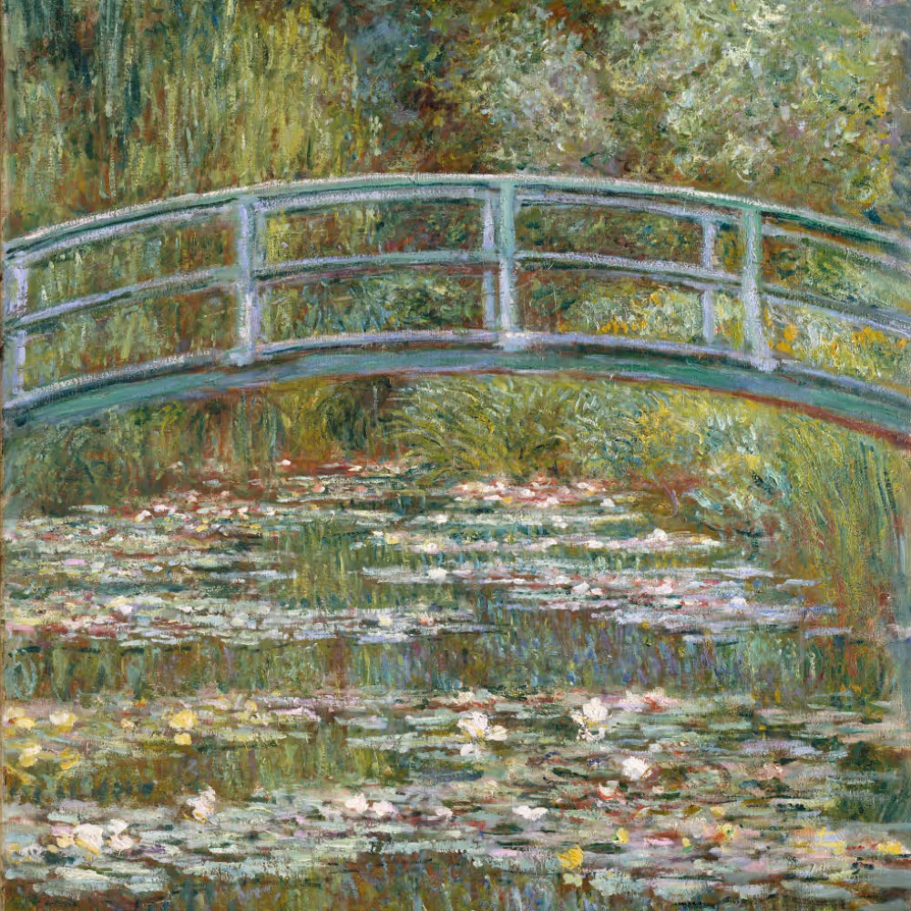 A famous painting by the French artist, Monet, of a bridge above a pond of water lilies.