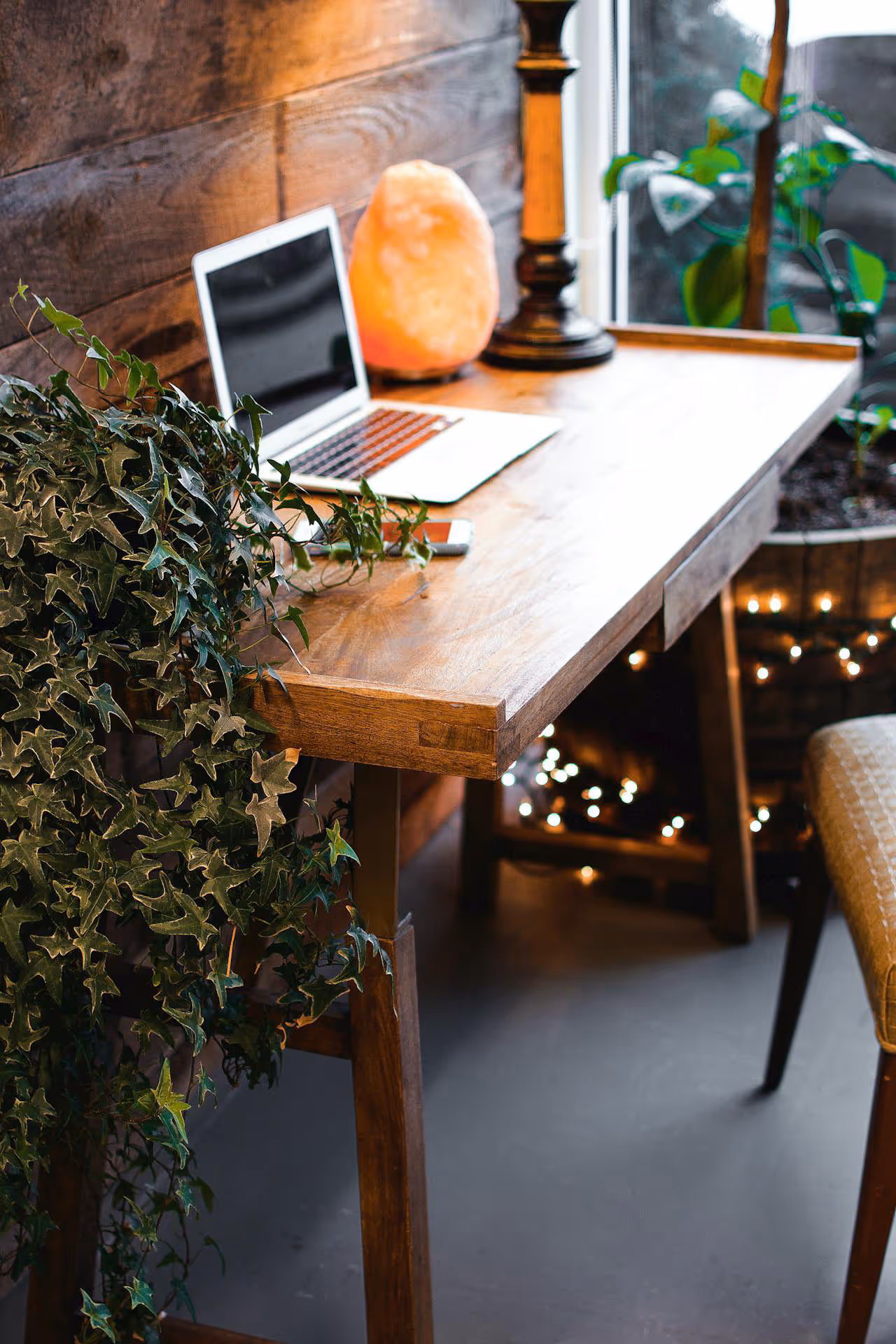 A mid century style desk with a modern laptop and a large houseplant