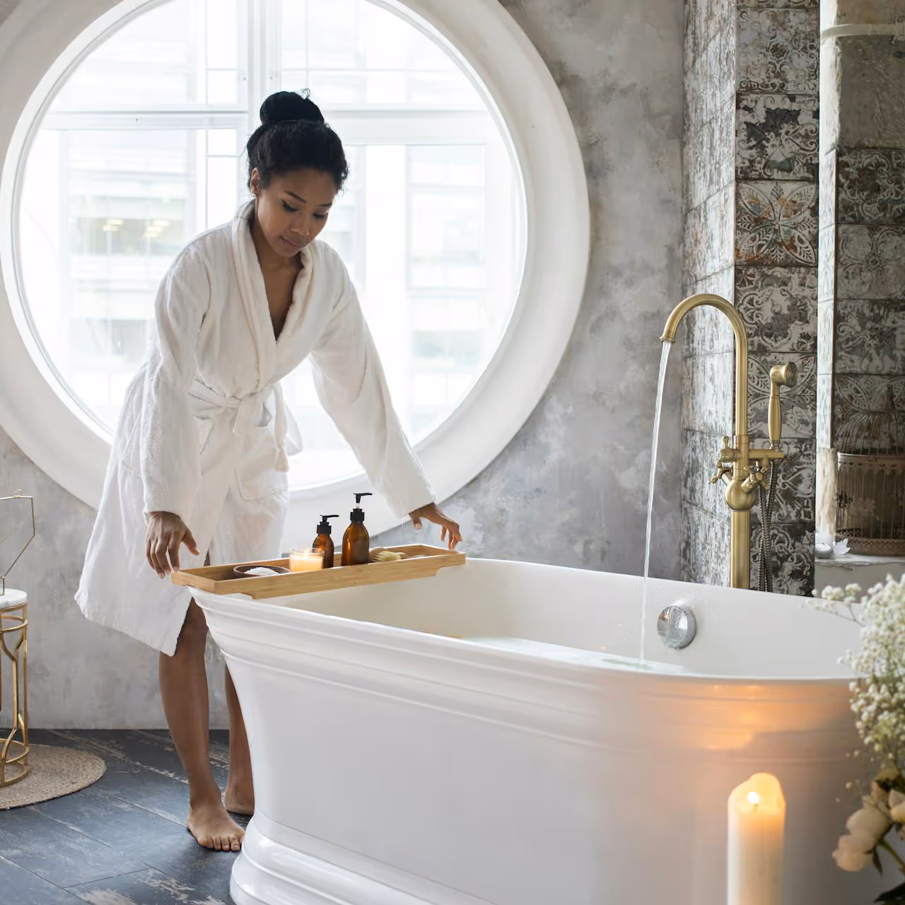 A woman preparing herself a relaxing bath with bath scents and candles.