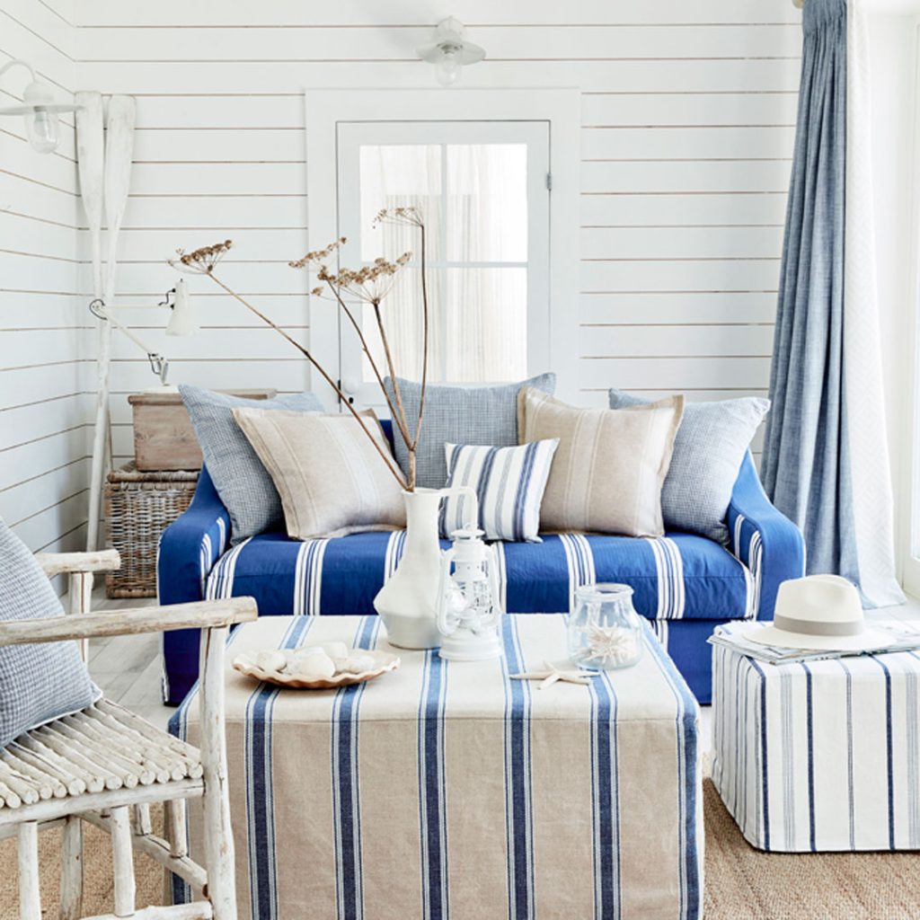 European linen fabrics in coastal tones of blue and natural