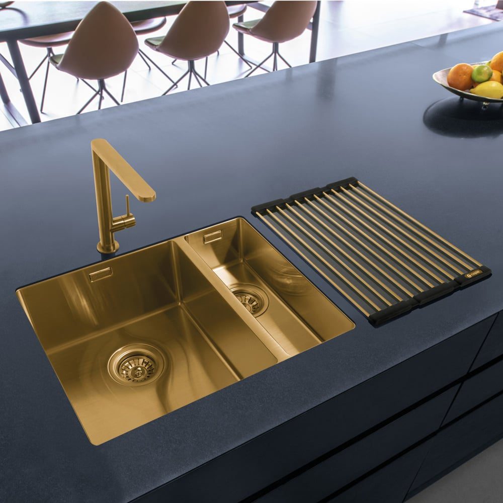 Brass under mounted kitchen sink with matching brass tap