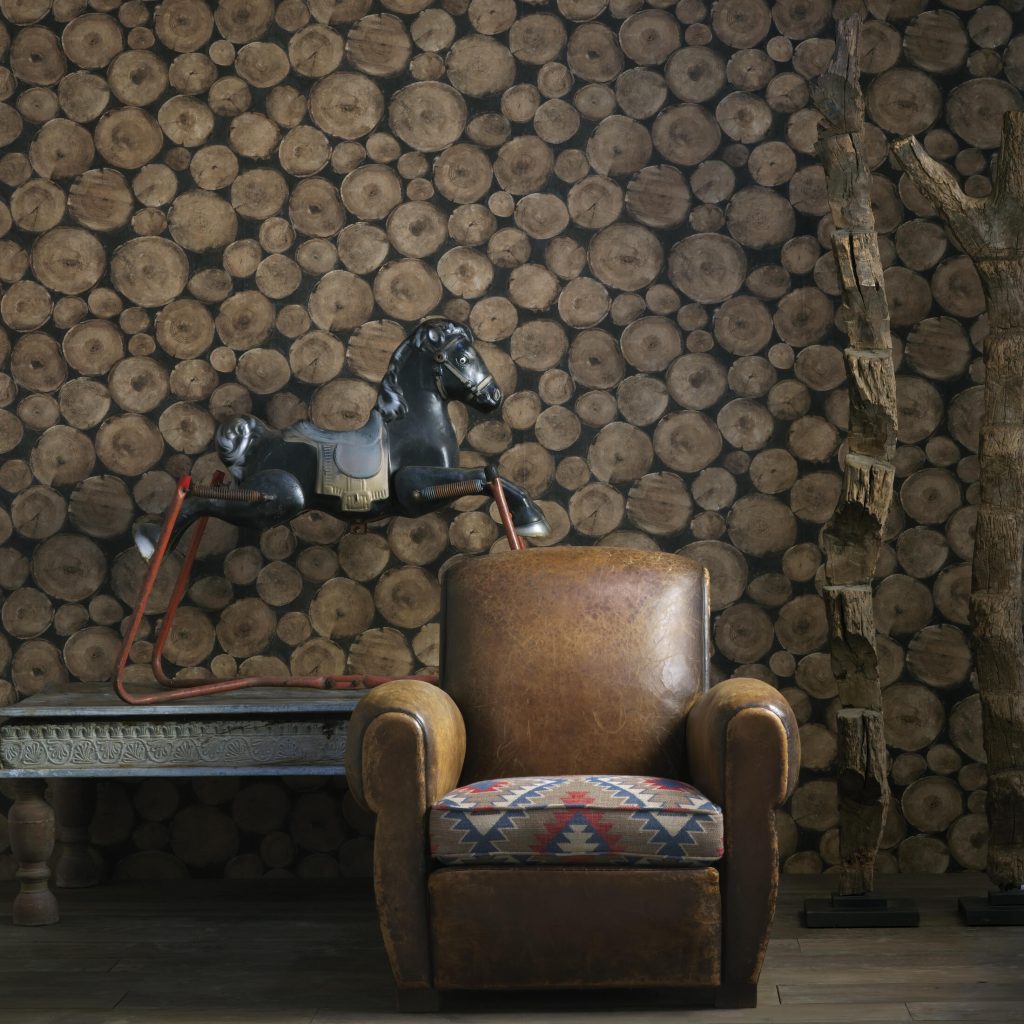 A wall decorated in a wallpaper printed with end grain logs - made from 100% paper