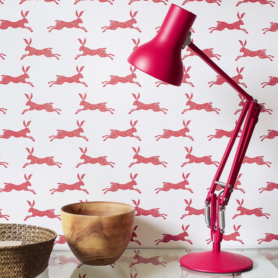 Whimsical leaping hare motif on this Jane Churchill wallpaper