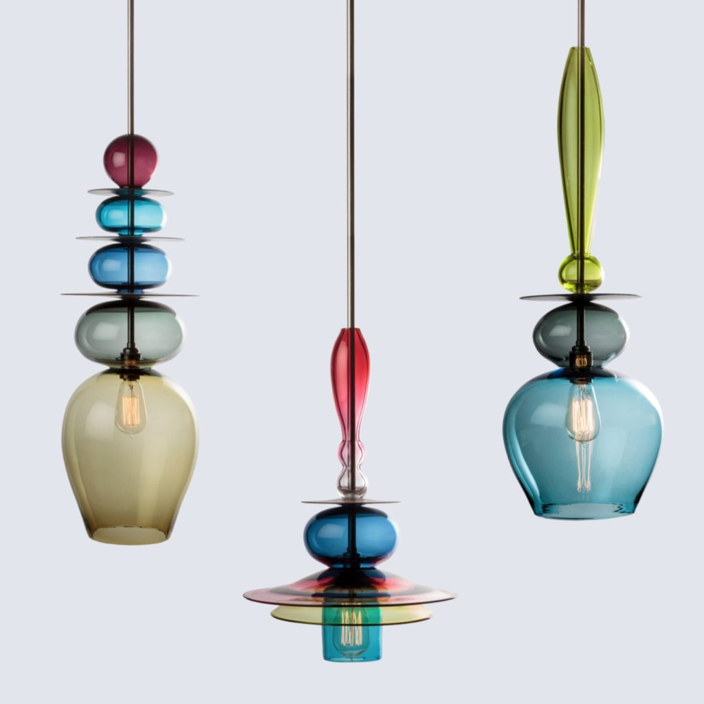 Hand blown glass pendant lights in combinations of green, aqua blue, smoke grey and bright link