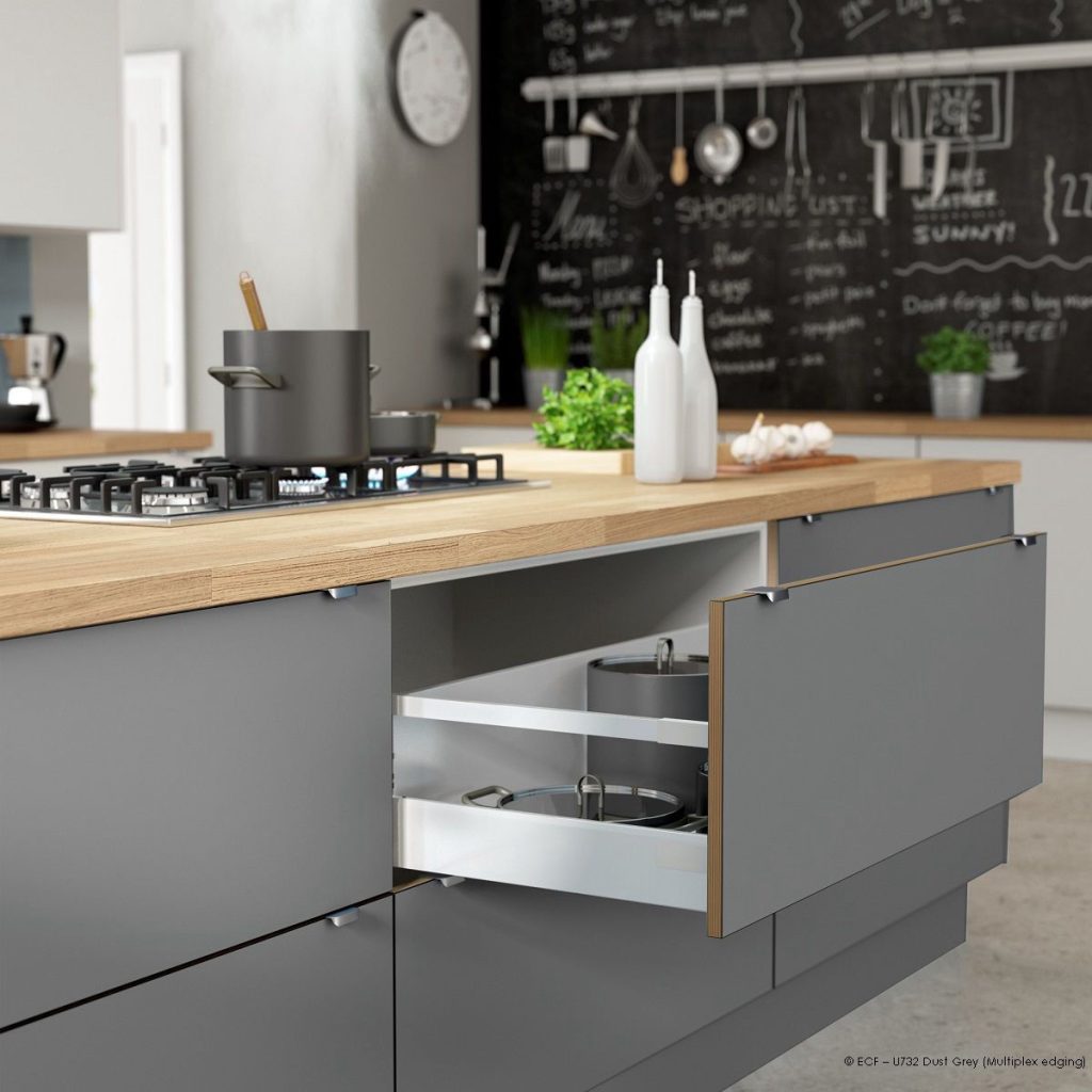 Modern grey kitchen with Blum drawer system