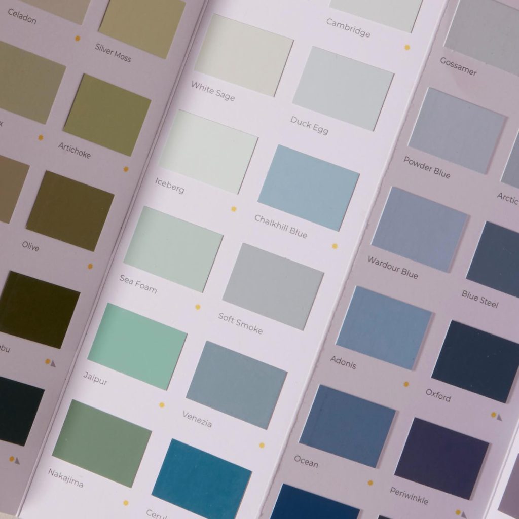 Interiors paint chart in tones of blue and green. the paints are entirely natural and eco friendly