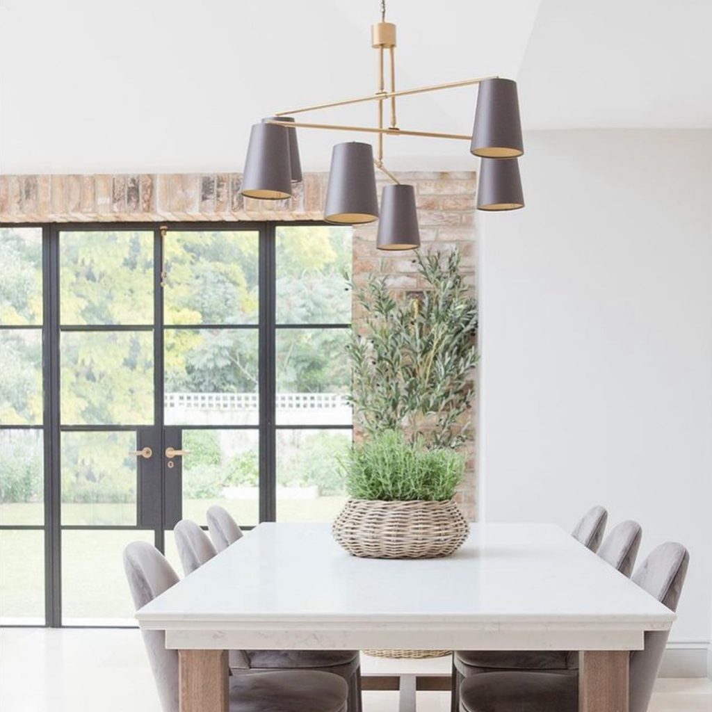 Modern brass ceiling pendant with grey conical shades
