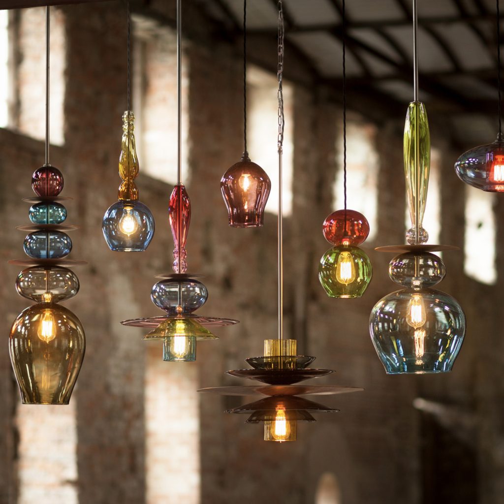 A series of handblown glass pendants in rainbow colours