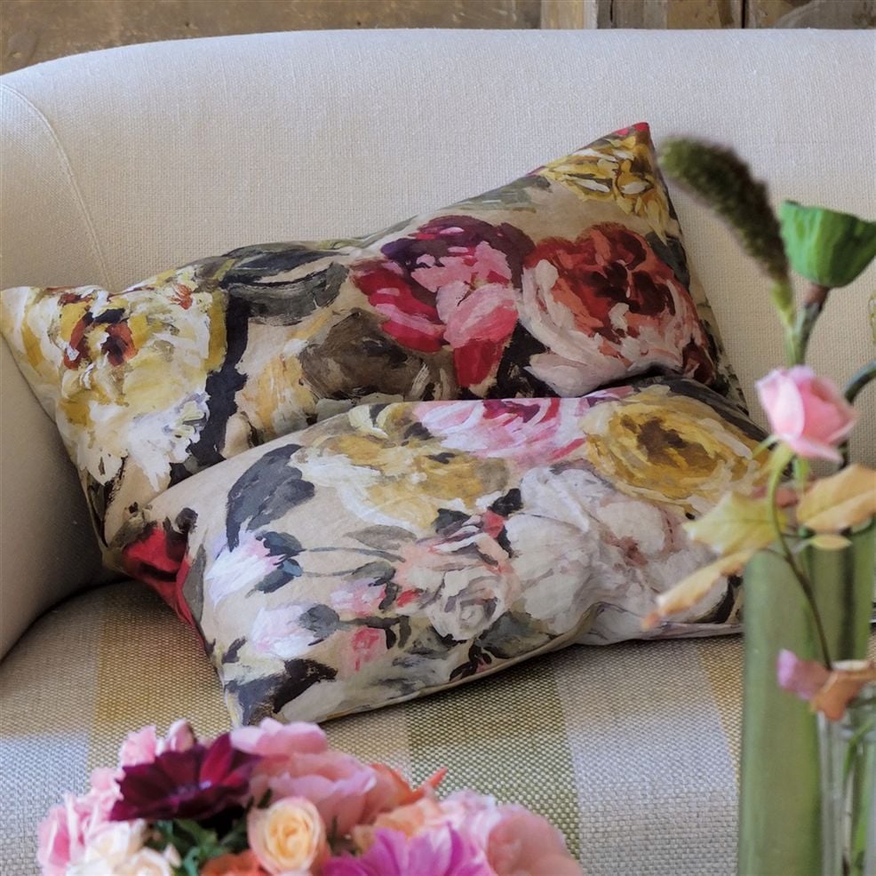 Printed linen scatter cushion in a large scale floral design.