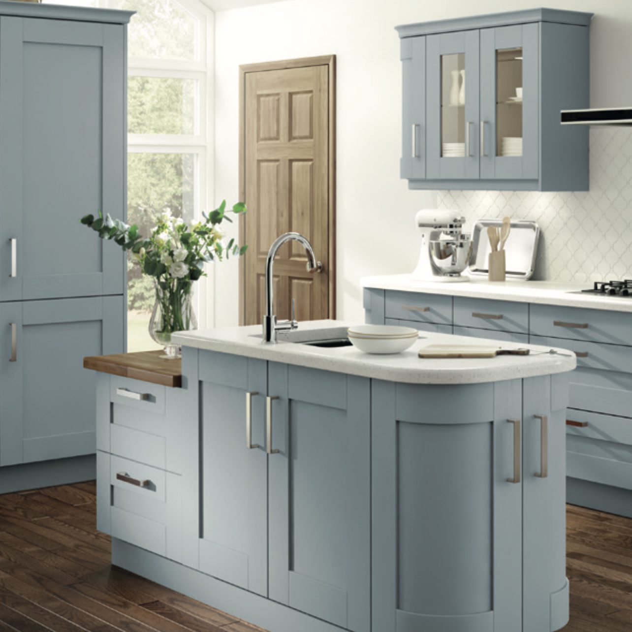 Painted shaker kitchen in soft blue