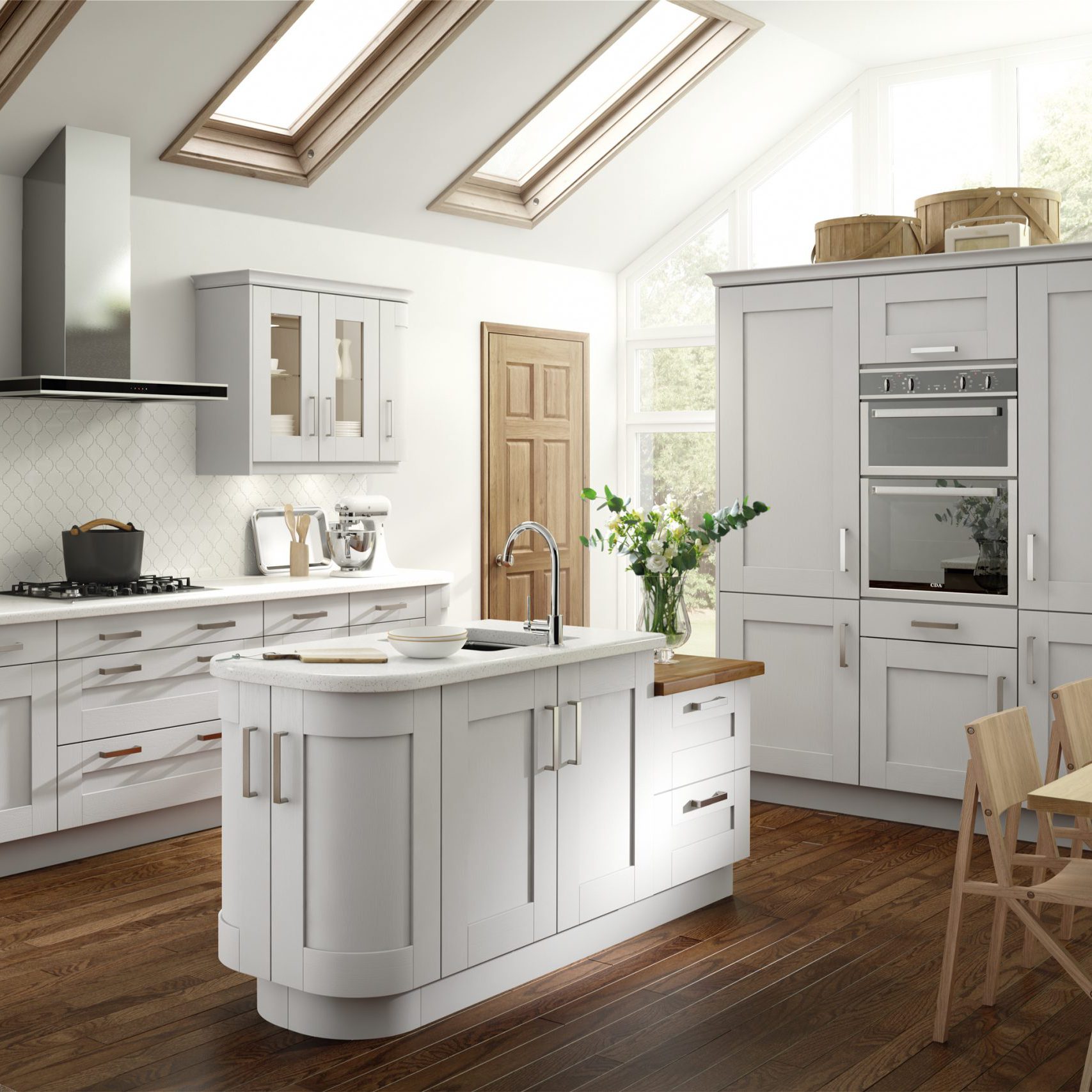 White painted solid wood shaker kitchen with walnut floor