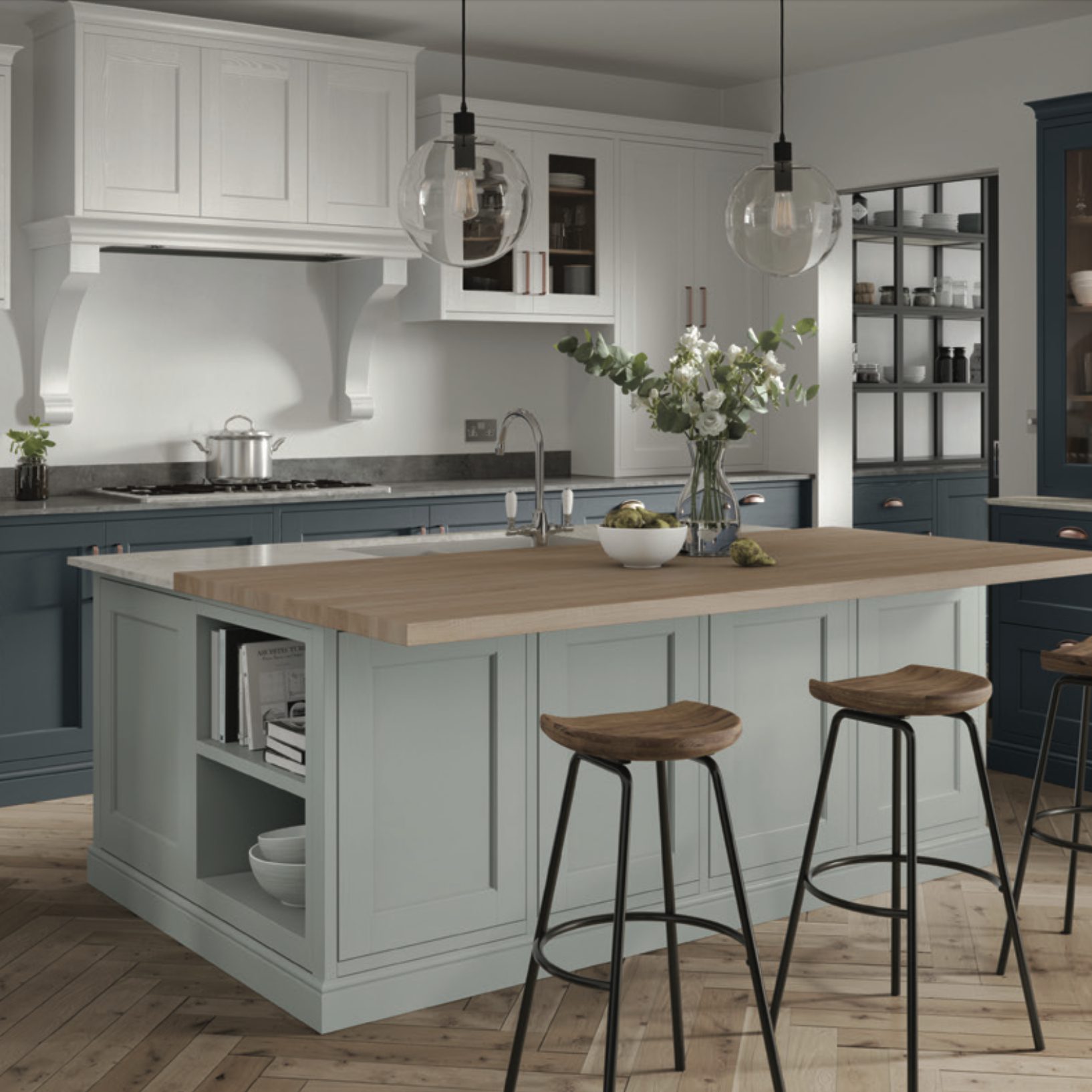 Shaker kitchen in white and blue