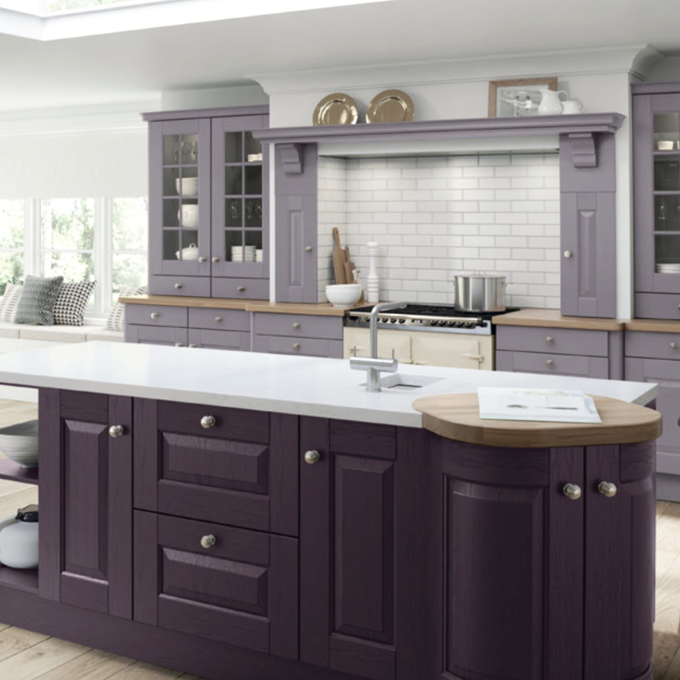 Painted shaker kitchen in aubergine and muted lavender
