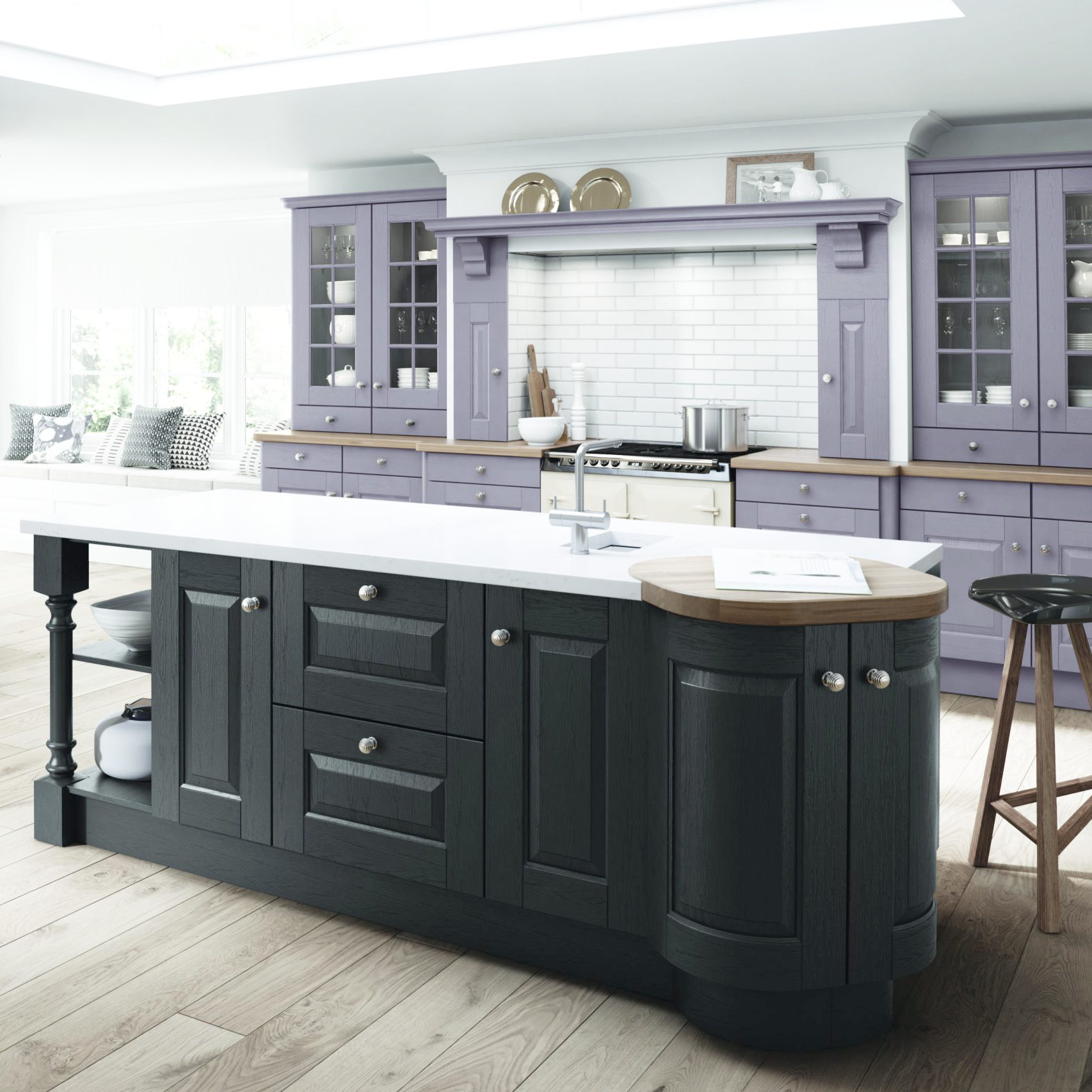 Solid ash shaker kitchen with centre island painted in dark grey and wall units in French lavender