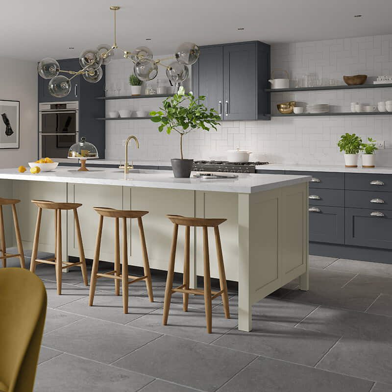 Solid ash shaker kitchen with mid grey wall units and dark cream central island