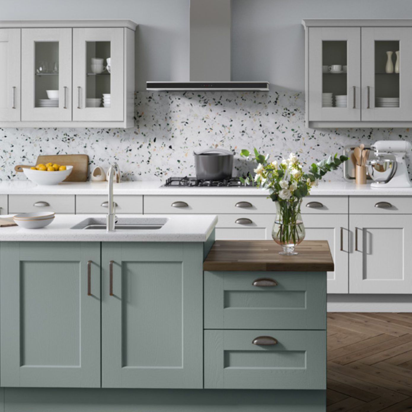 Painted shaker kitchen in light blue and white