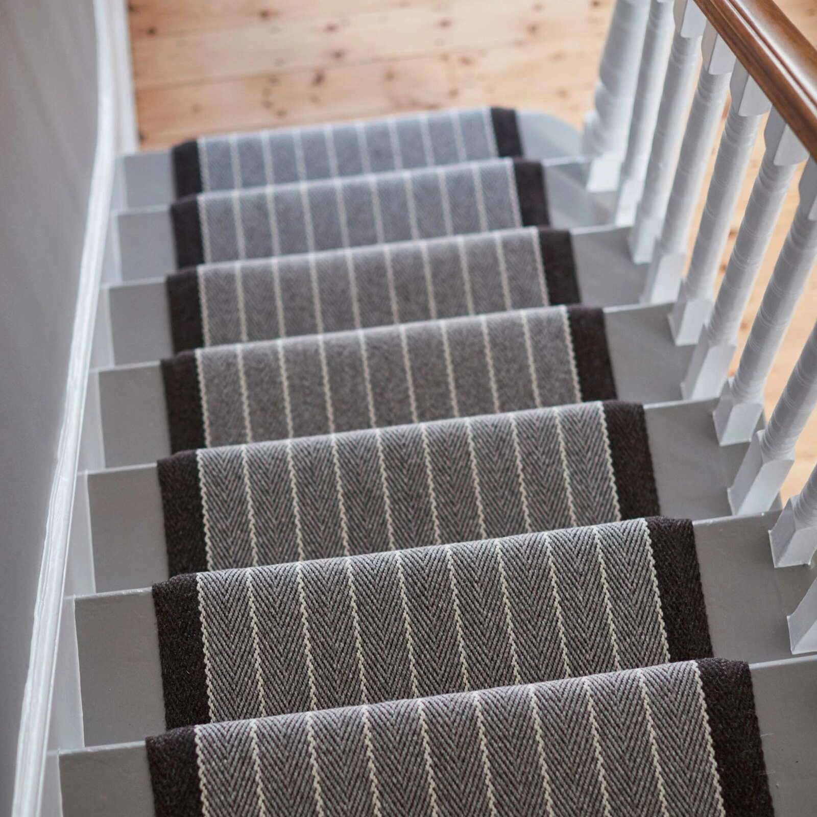 A grey and black stair runner