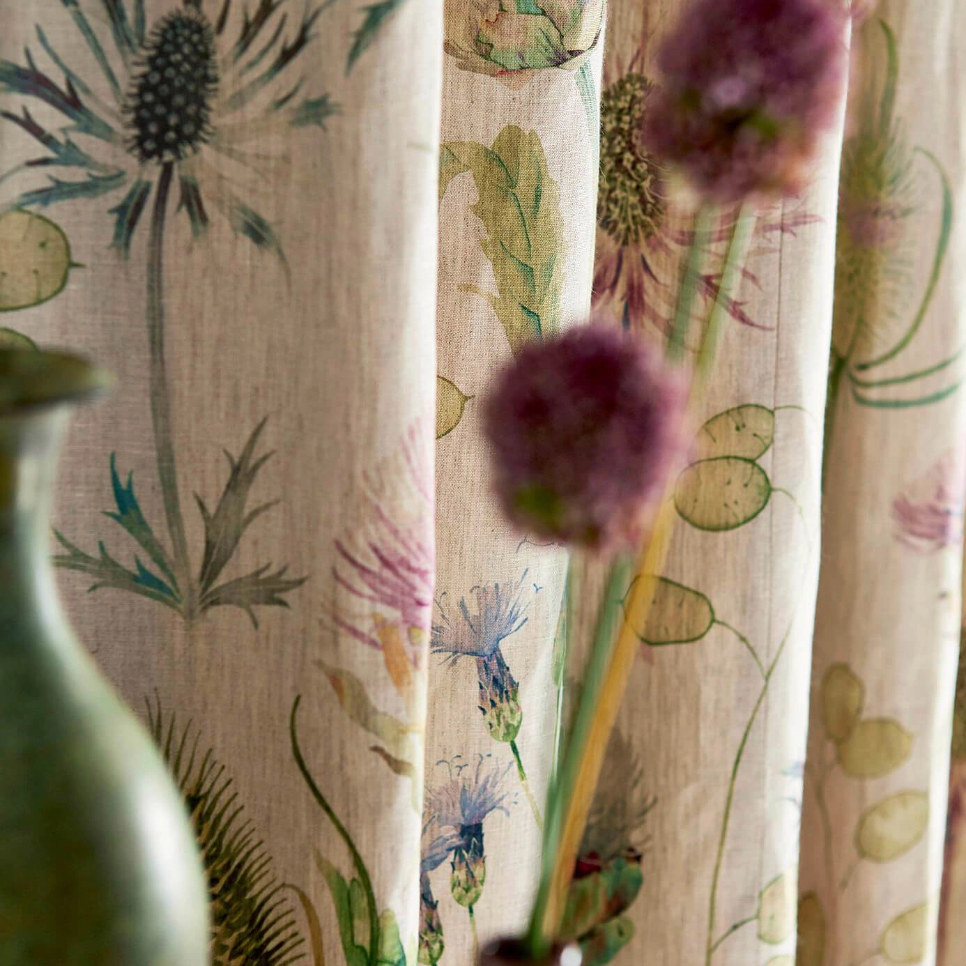 Linen curtains with a thistle pattern