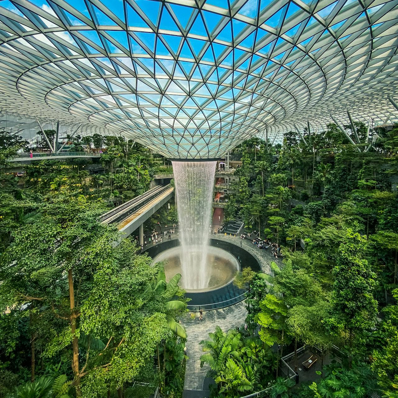 A indoor waterfall in an airport