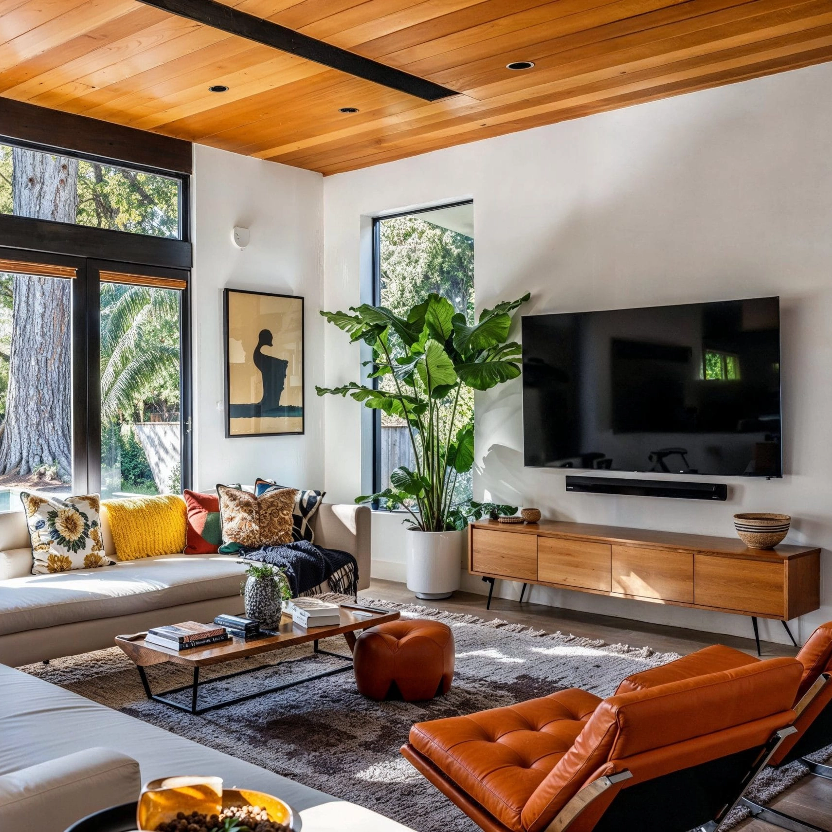 A large open plan living room with mid century modern furniture