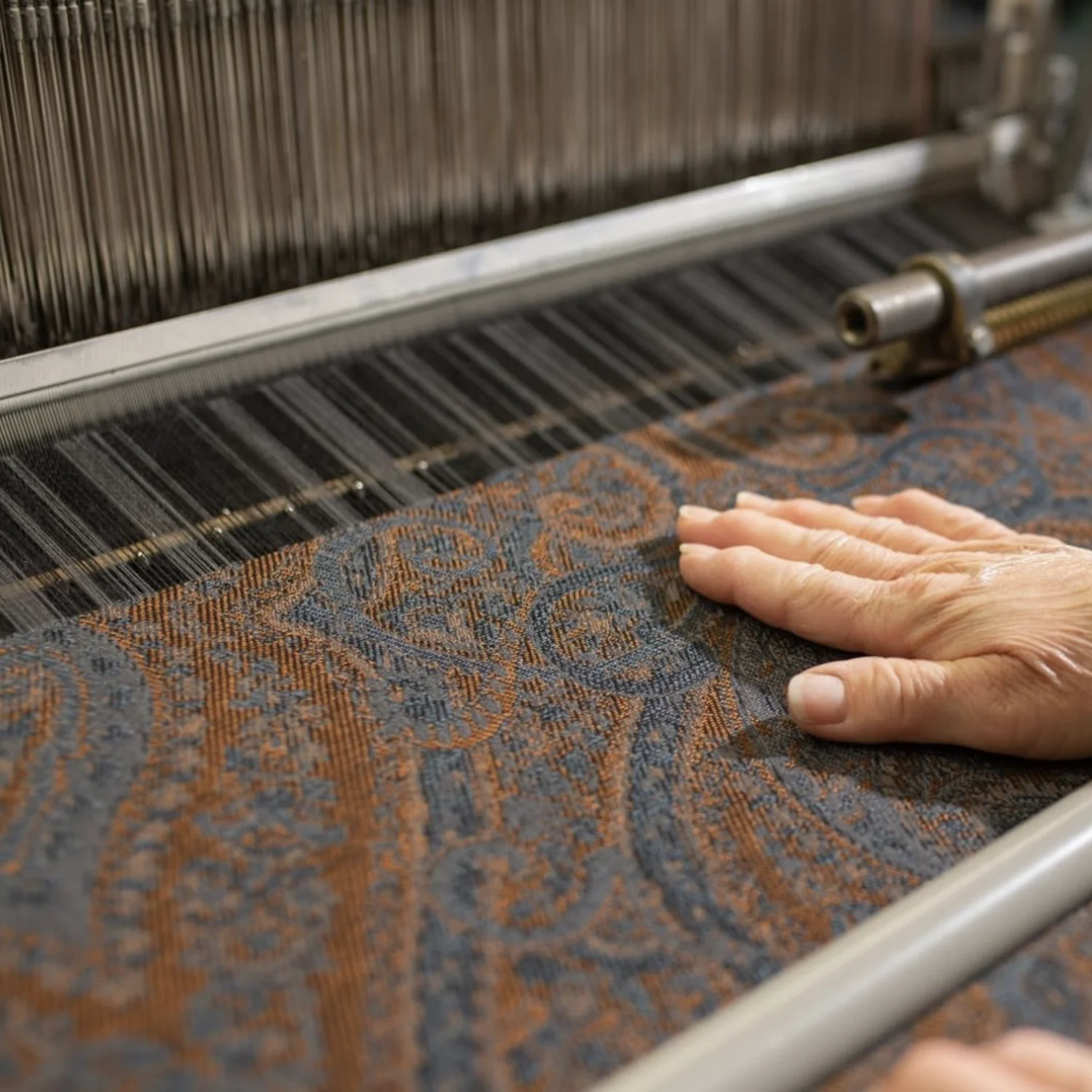 Wool fabric being woven by machine